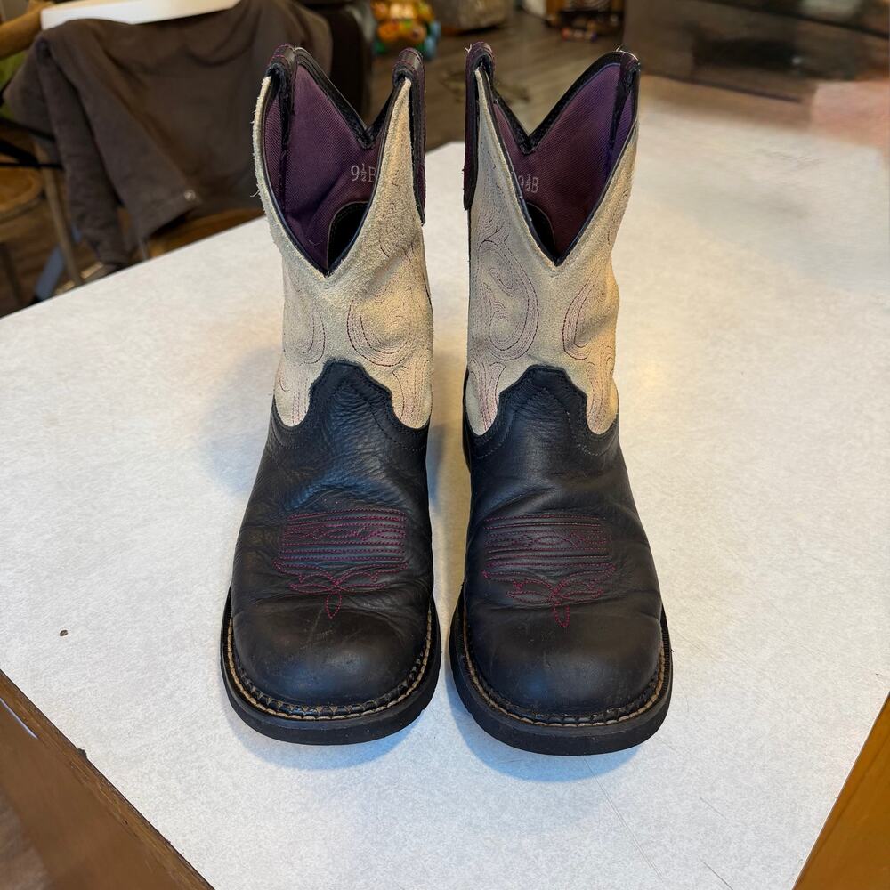 Ariat Women's Black Leather Purple Stitch Fatbaby Western Cowboy Boots size 9.5
